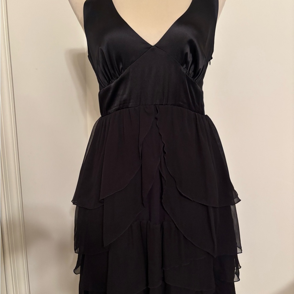 Elegant Black Chiffon Ruffle Satin V Neck Sleeveless Cocktail Dress Size Medium
